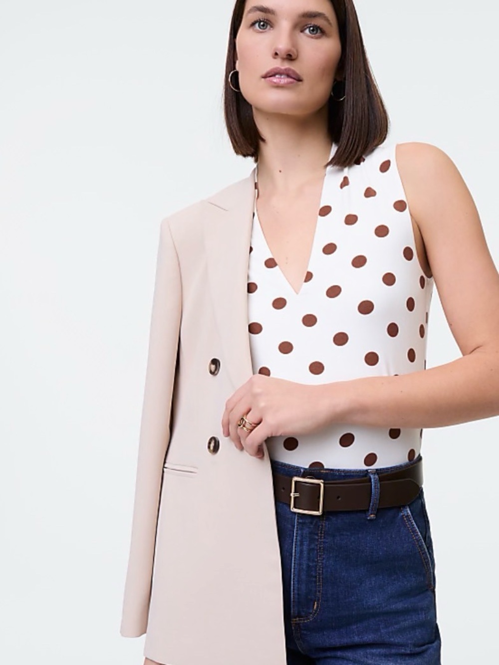 Ann Taylor White V-Neck Polka Dot Sleeveless Top